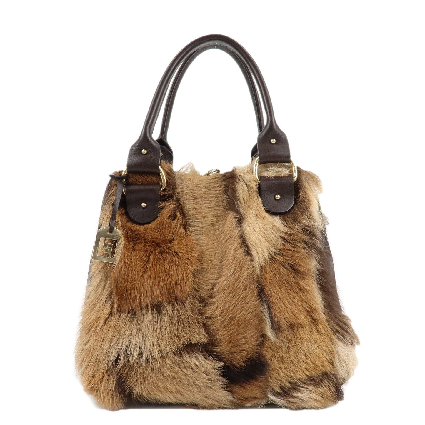 FENDI Fur Leather Tote Bag Hand Bag Shoulder Bag Brown 8BR286  d