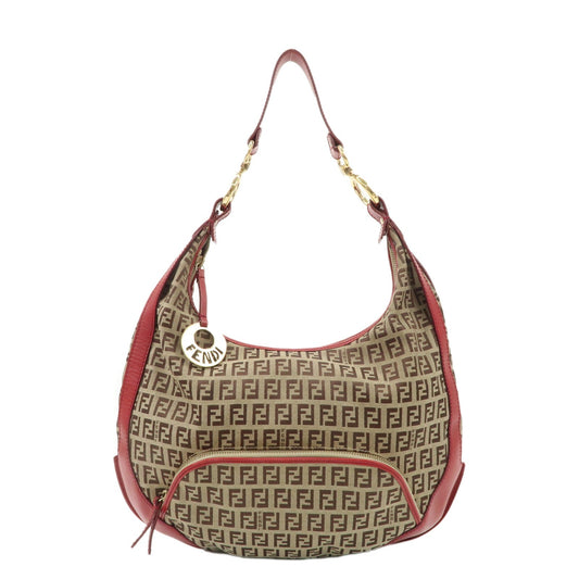 FENDI Zucchino Canvas Leather Shoulder Bag Khaki Brown Red 8BR465  d
