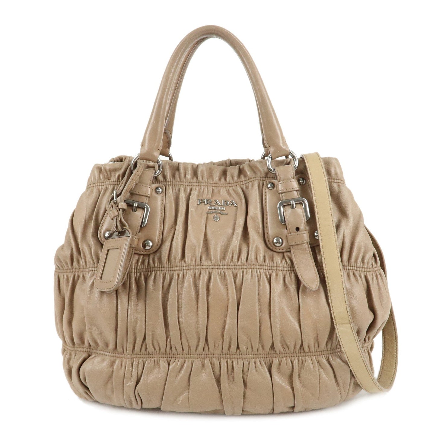 PRADA Leather 2Way Hand Bag Shoulder Bag Beige N1788  d