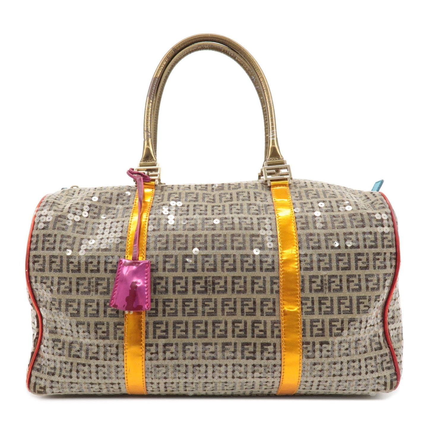 FENDI Zucchino Canvas Leather Beaded Boston Bag 8BL099  d