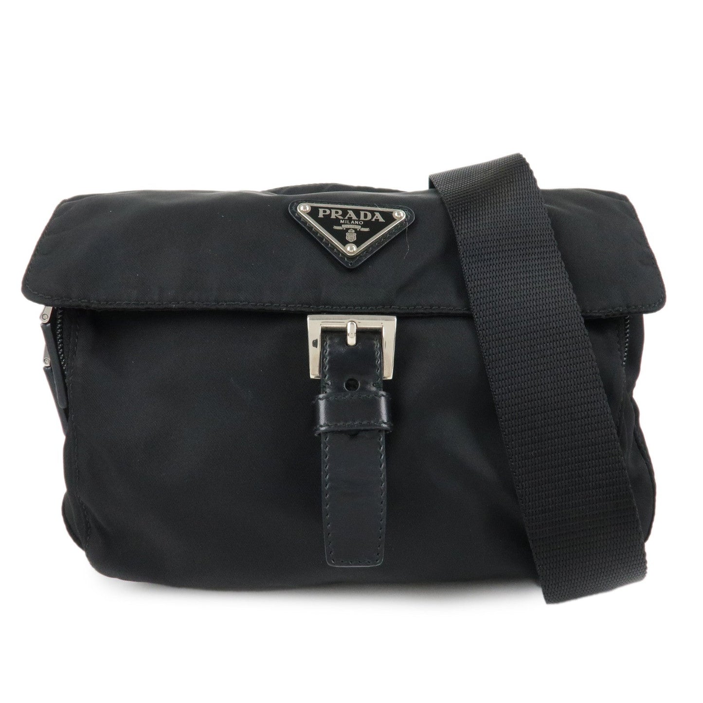 PRADA Triangle Logo Nylon Leather Shoulder Bag Black  d