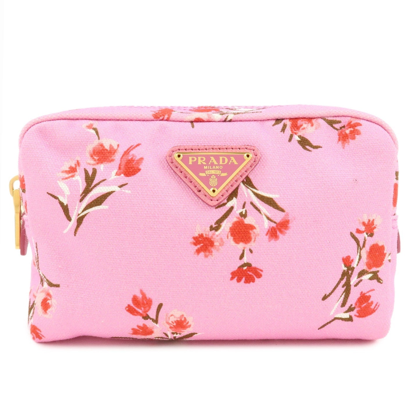 PRADA Canapa Canvas Leather Cosmetic Pouch Flower 1NA021 Pink  d