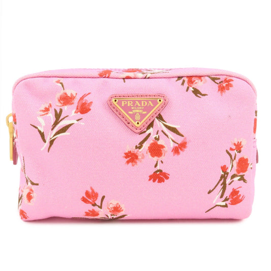PRADA Canapa Canvas Leather Cosmetic Pouch Flower 1NA021 Pink  d