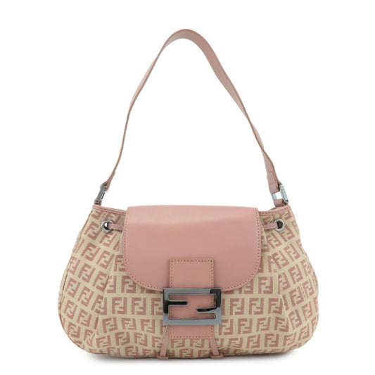 FENDI Zucchino Canvas Leather Shoulder Bag Beige Pink 8BR282  d