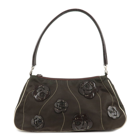 PRADA Nylon Leather Shoulder Bag Flower Motif Green Brown  d