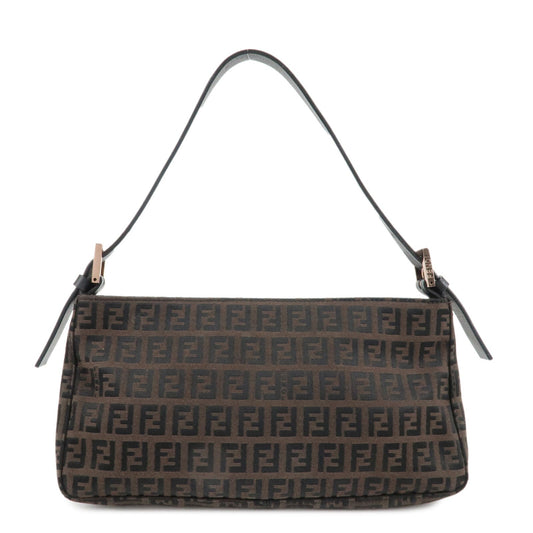 FENDI Zucchino Canvas Leather Shoulder Bag Dark Brown Black 8BR042  d