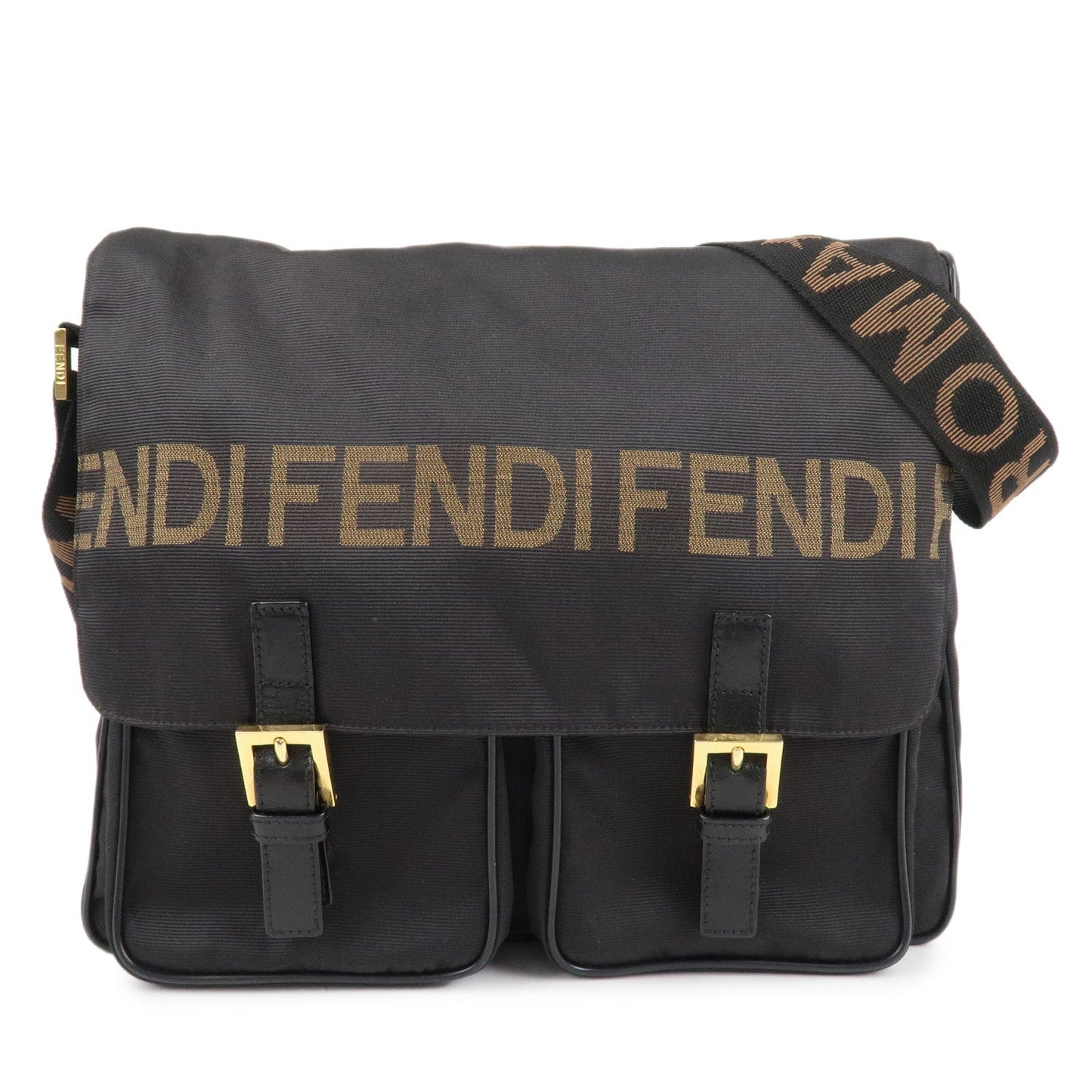FENDI Nylon Canvas Leather Shoulder Bag Hand Bag Black Brown  d