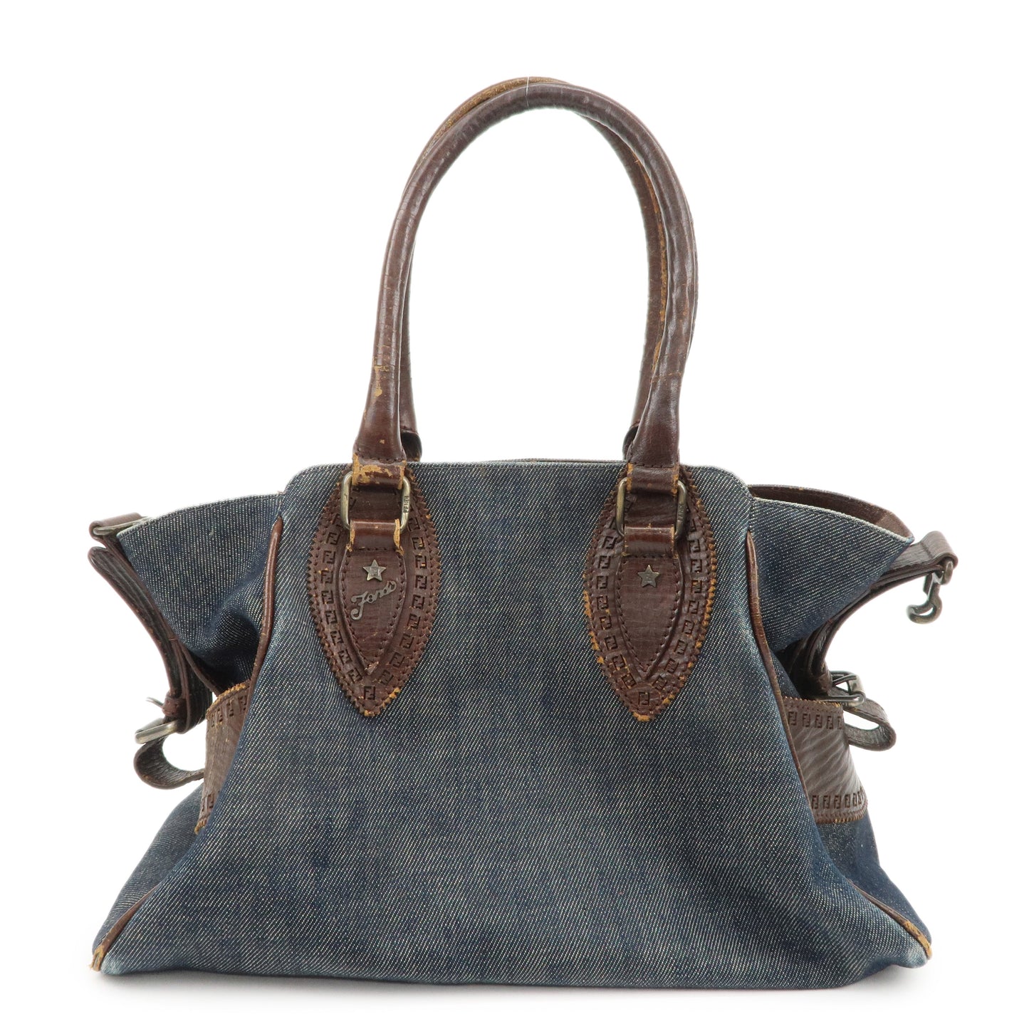 FENDI Ethnico Denim Leather Shoulder Bag Blue Brown 8BN157  d