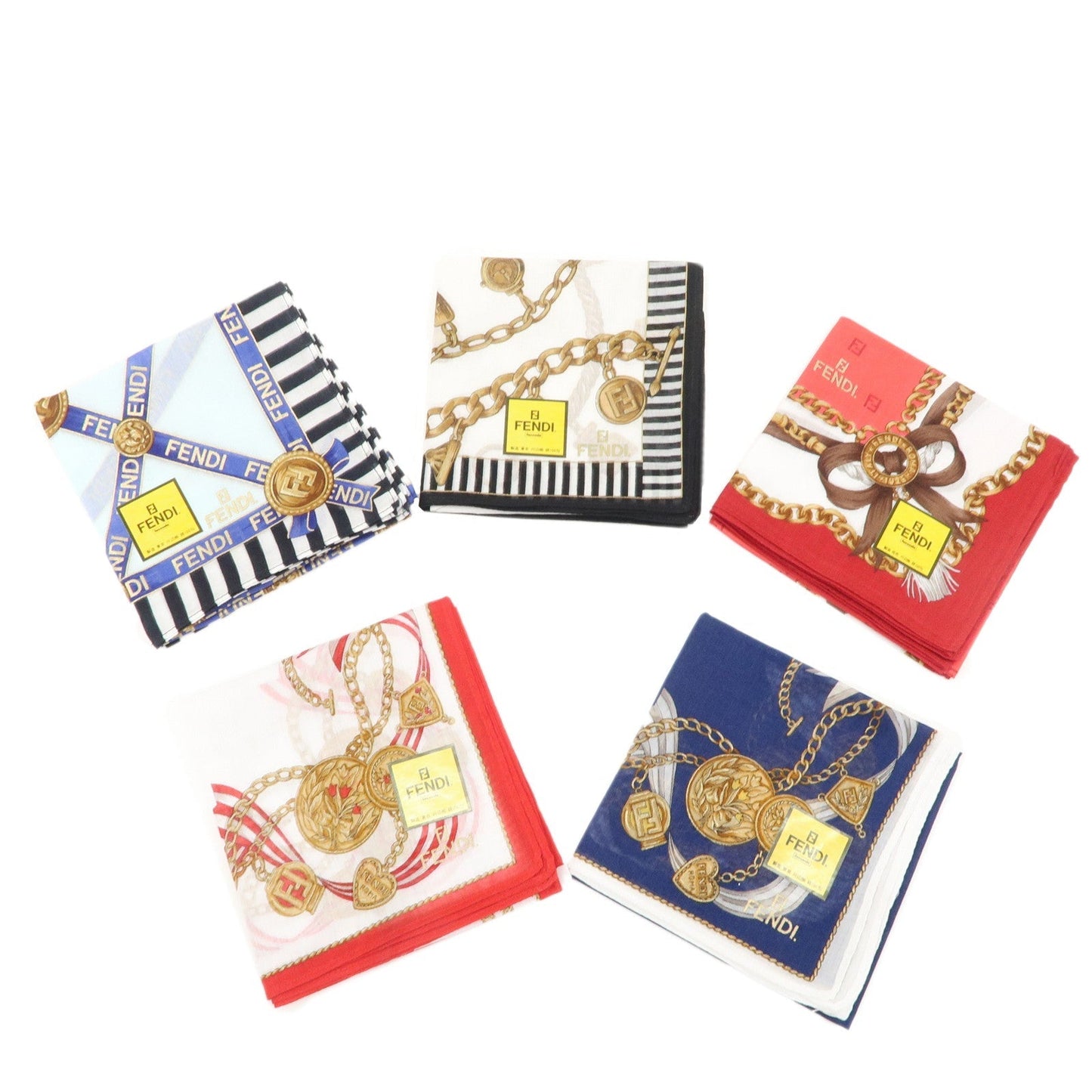 FENDI Set of 5 Cotton 100% Handkerchief White Navy Red Black  d