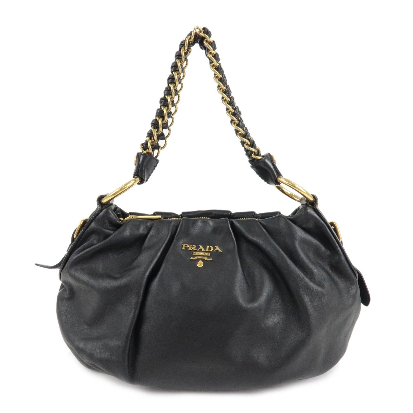 PRADA Leather Chain One-Shoulder Bag Black Gold Hardware  d