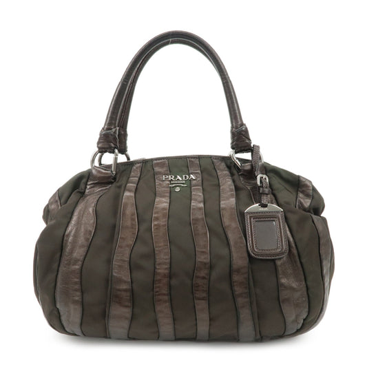 PRADA Logo Nylon Leather Stripe Tote Bag Hand Bag Brown BL0538  d