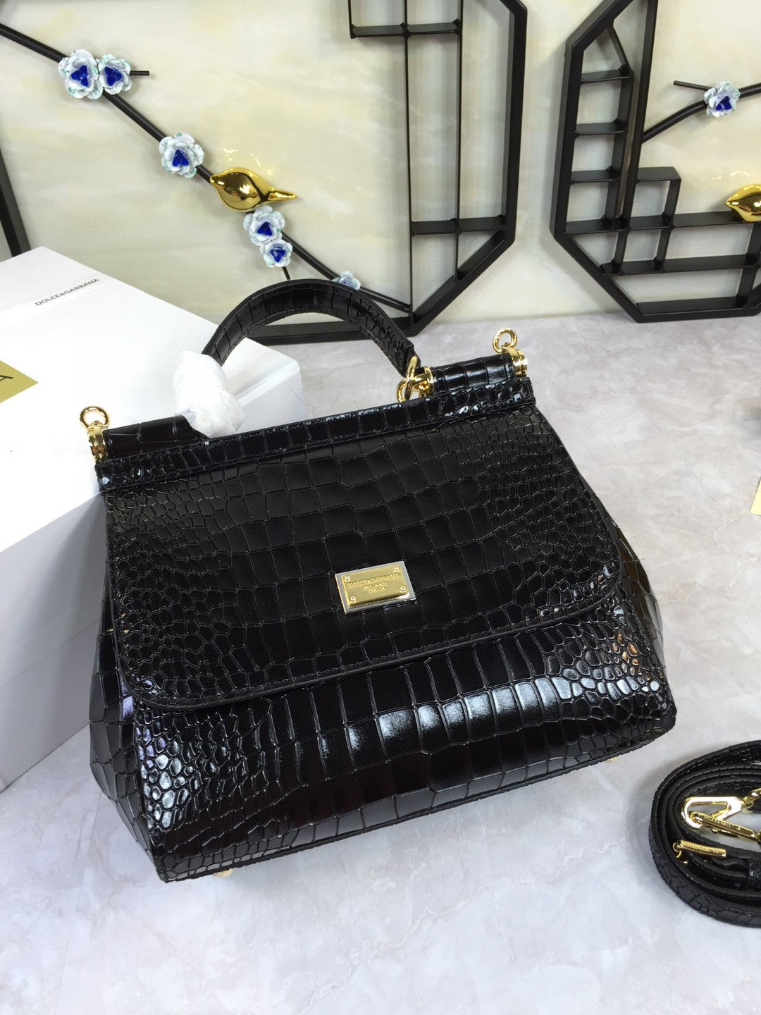 Top Quality MeTop Qualityum Sicily Bag In Foiled CrocoTop Qualityle-Print Black For Women 10.2in/26cm Top Quality