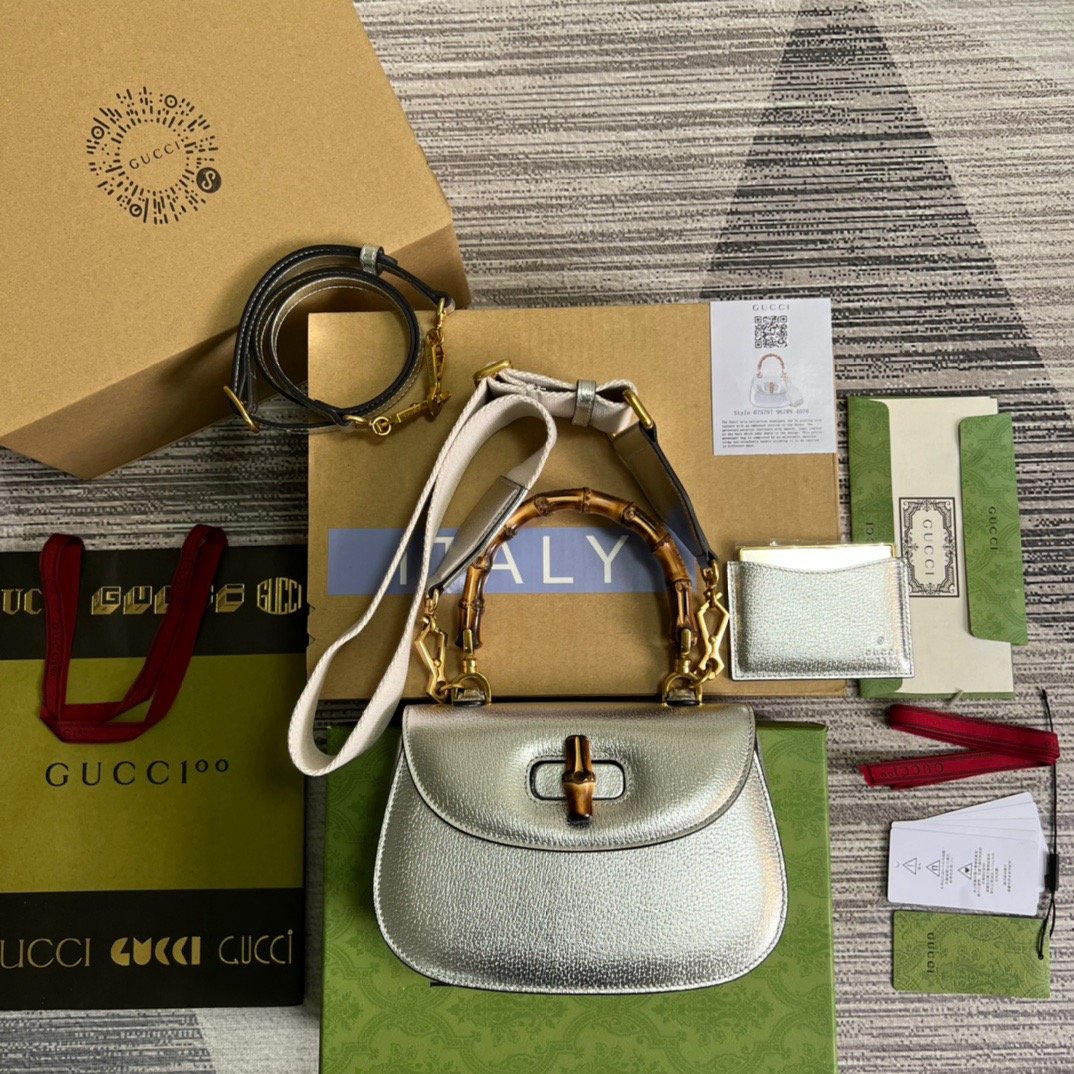 gg Bamboo 1947 Medium Top Handle Bag Silver For Women, Women’s Bags 10in/26cm gg