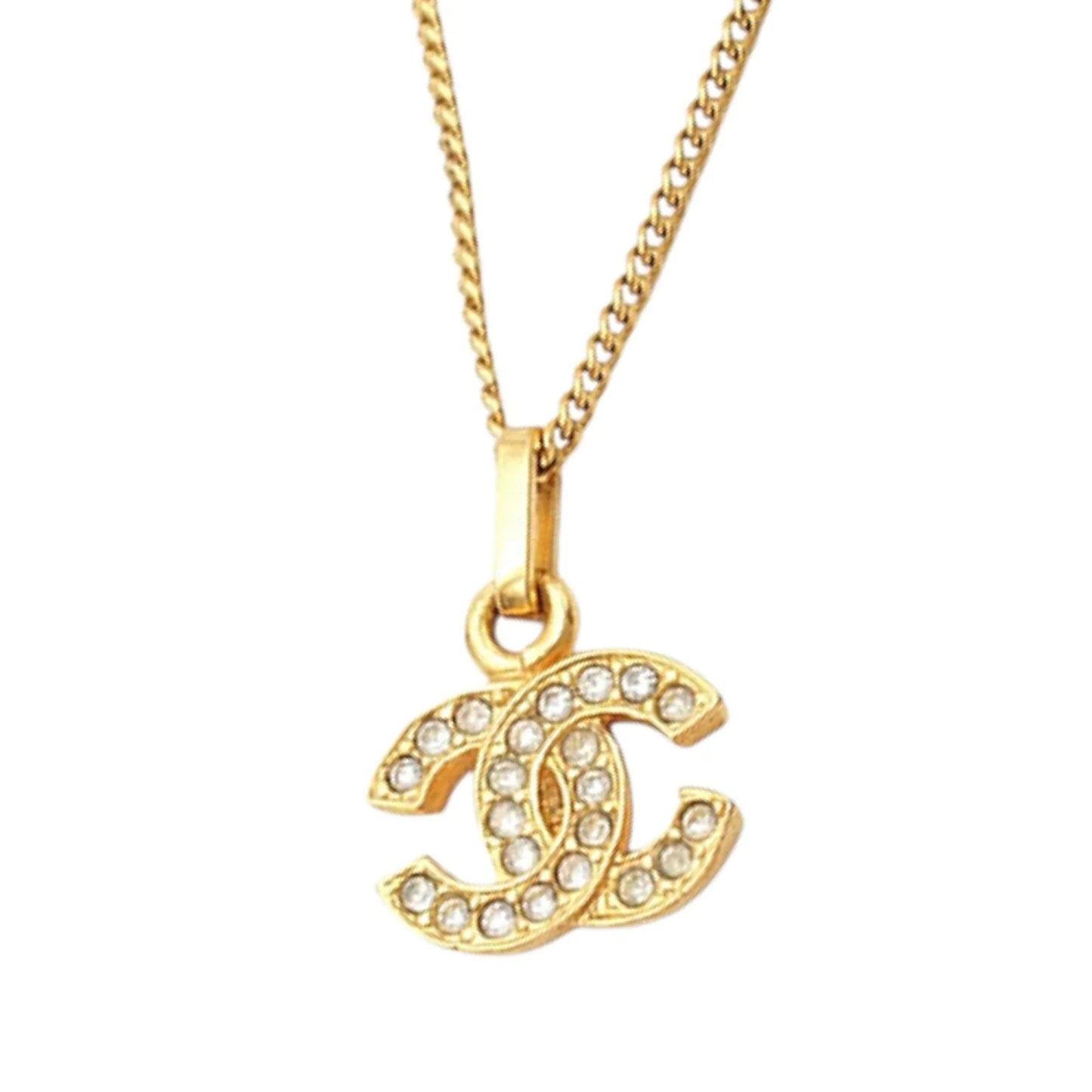 Gold Chanel Gold Plated CC Rhinestone Pendant Necklace
