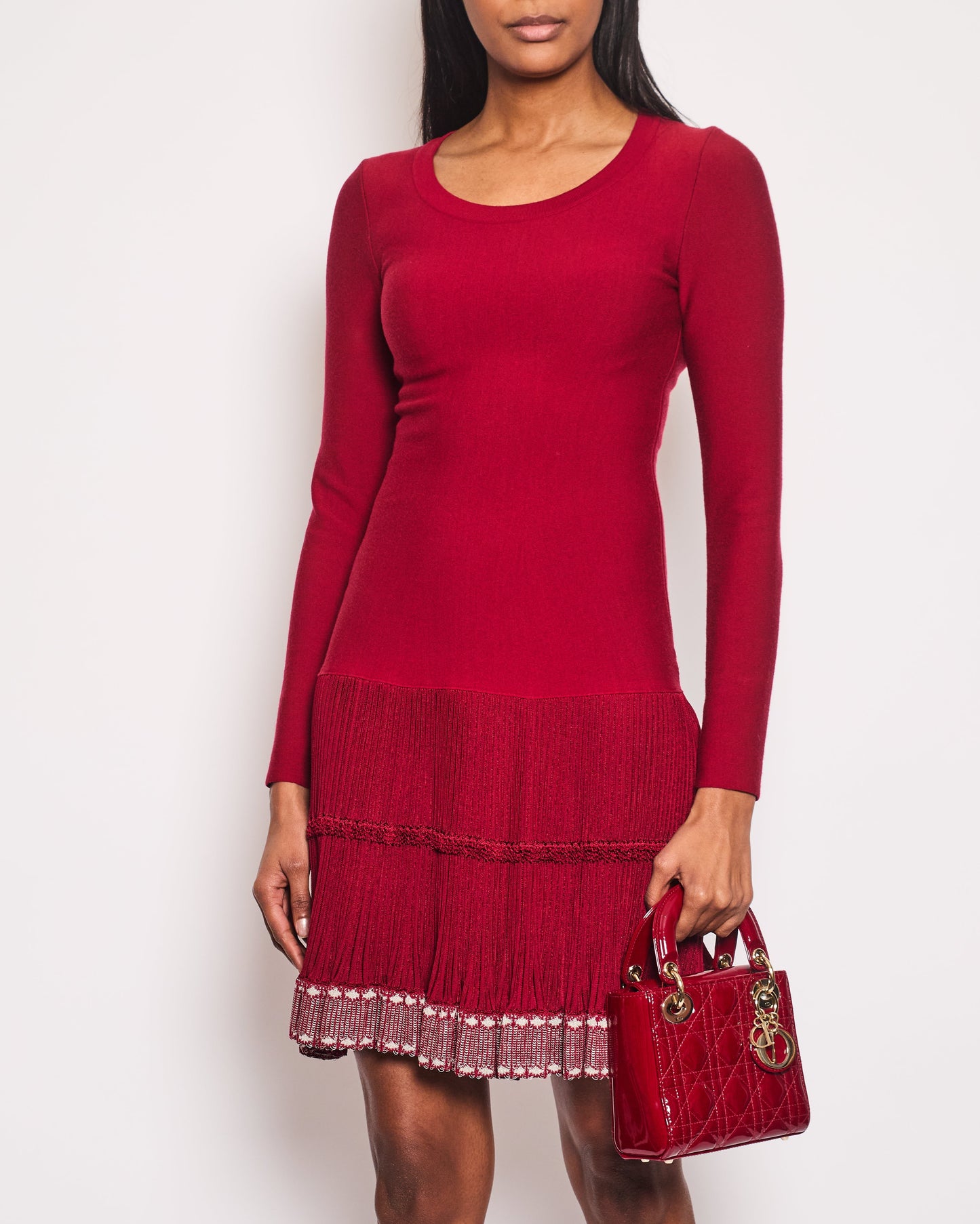 Alaia Red Long-Sleeve Dress with Pleated Trim FR 38 (UK 10)
