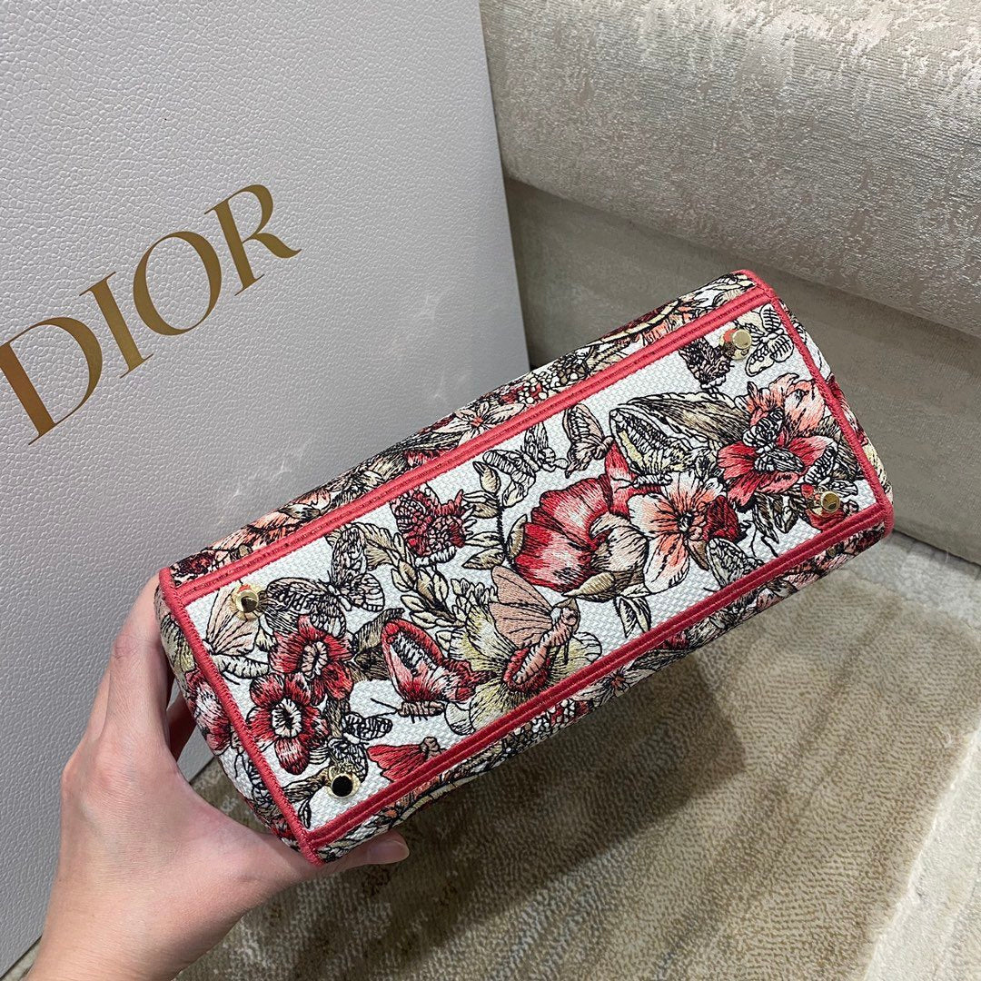 Top Quality MeTop Qualityum Lady D-Lite Bag Multicolor Butterfly Embroidery, Red/Latte Handbags, 24cm CD M0565ORHQ_M884