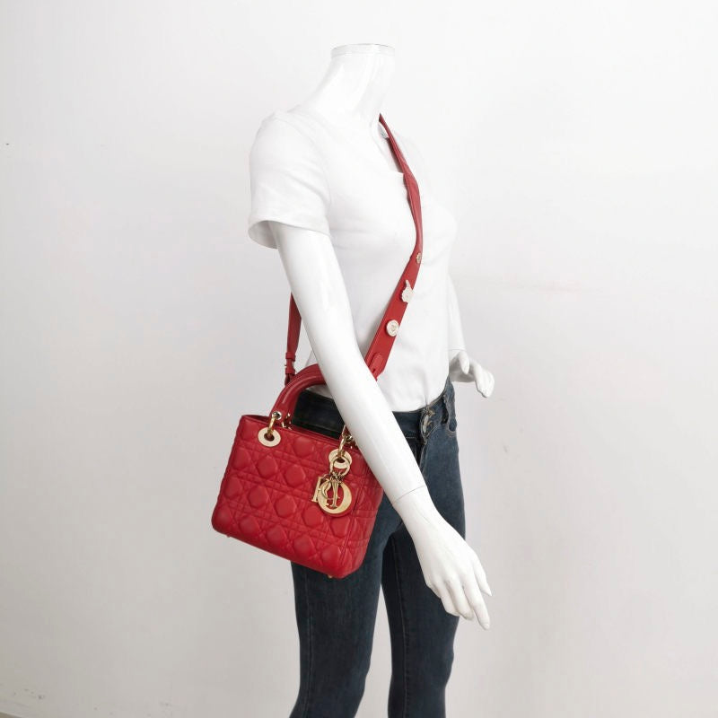 Lady Dior Small My Abcdior Red Lambskin Cannage Leather Gold Hardware