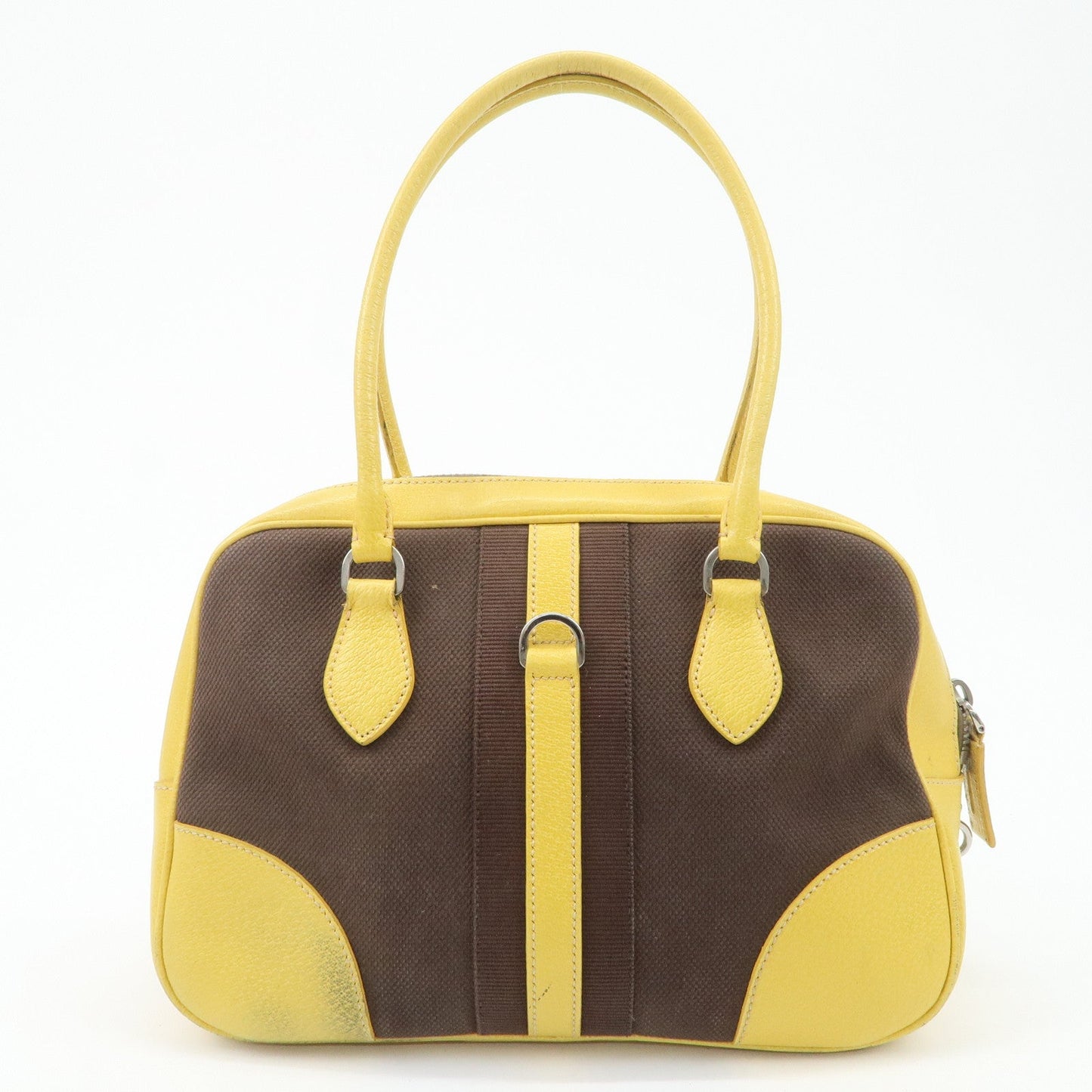 PRADA Canvas Leather Shoulder Bag Hand Bag Brown Yellow  d