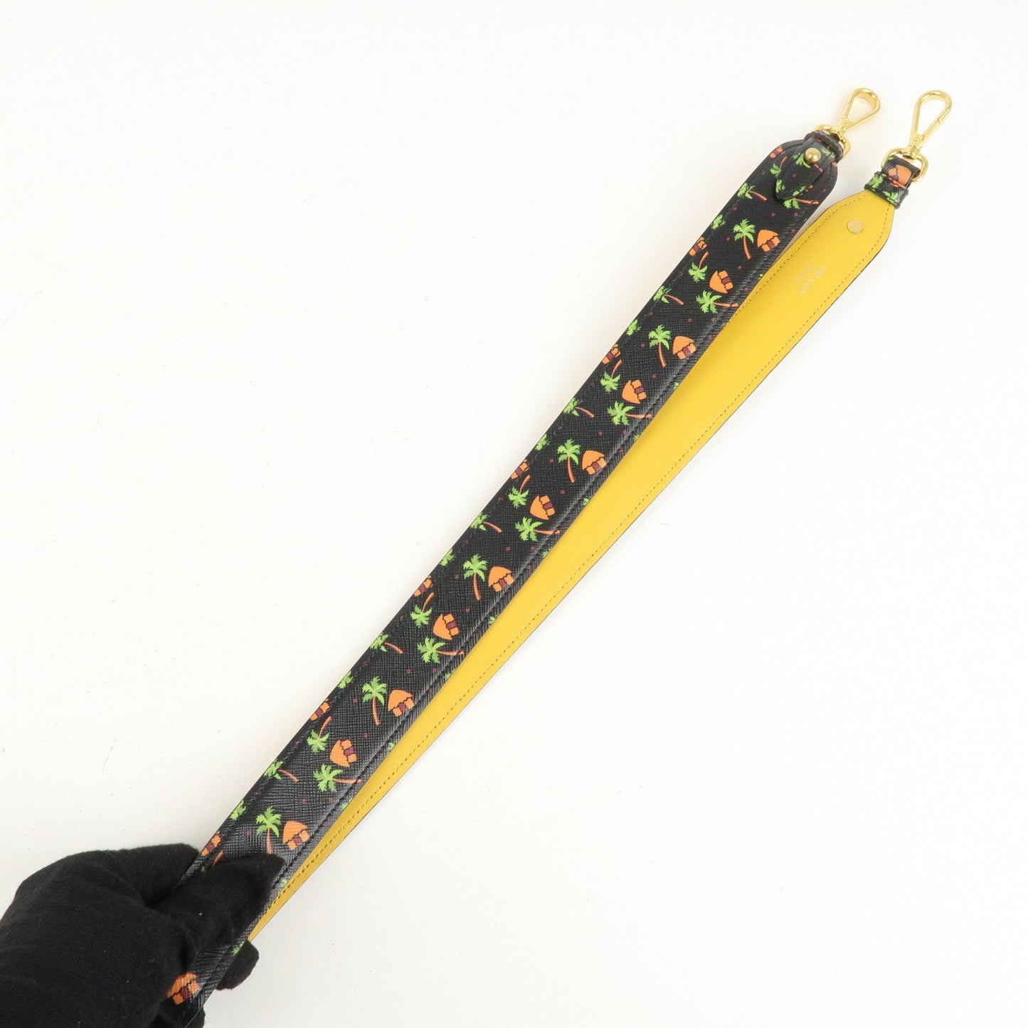 PRADA Leather Palmtree Pattern Shoulder Strap Black  d