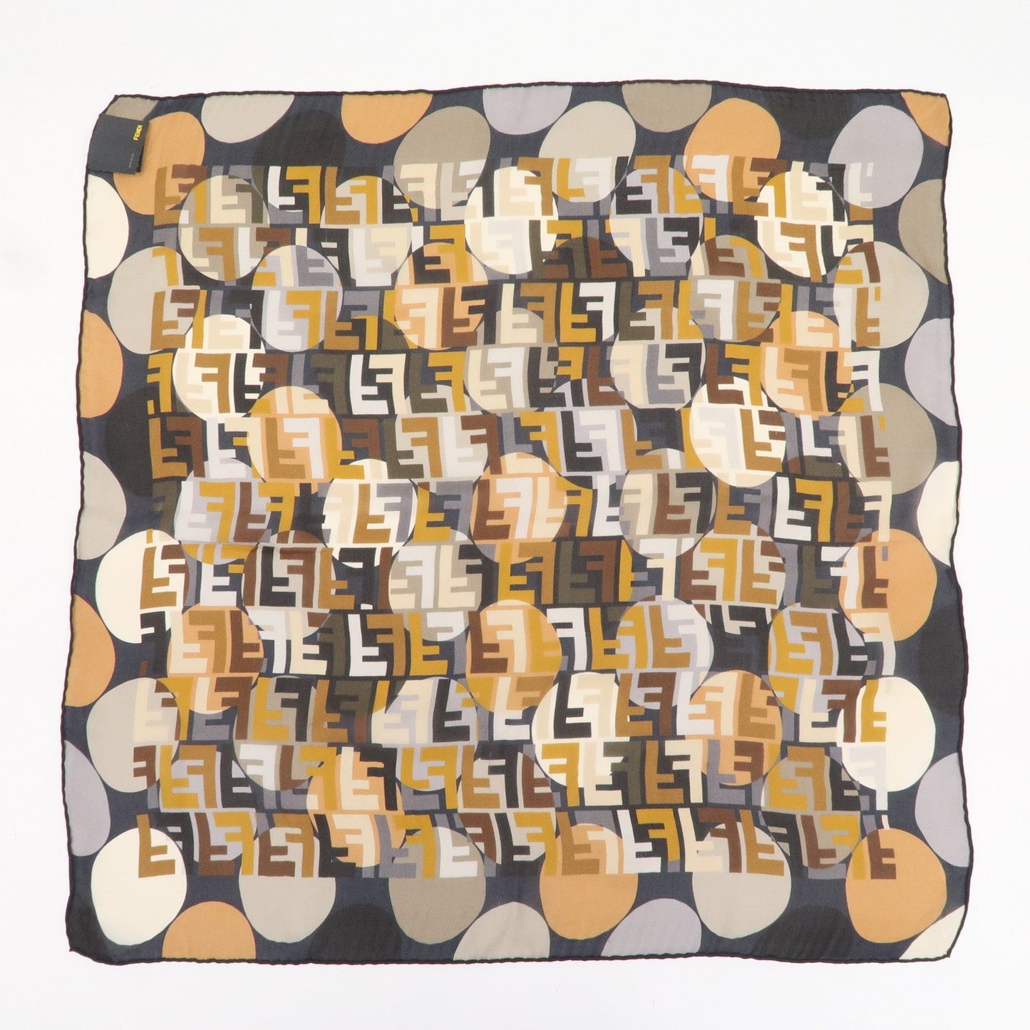 FENDI Silk 100% Scarf Logo Print Multi Color Brown