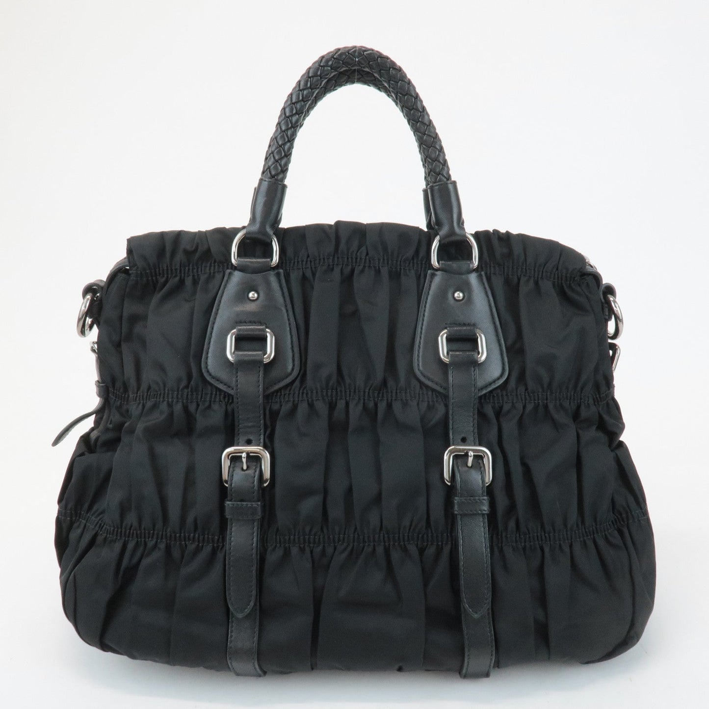 PRADA Logo Leather Gathered 2Way Hand Bag Black BN1336  d