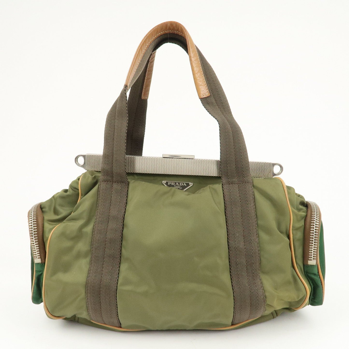PRADA Nylon Leather Shoulder Bag Khaki Brown Green  d