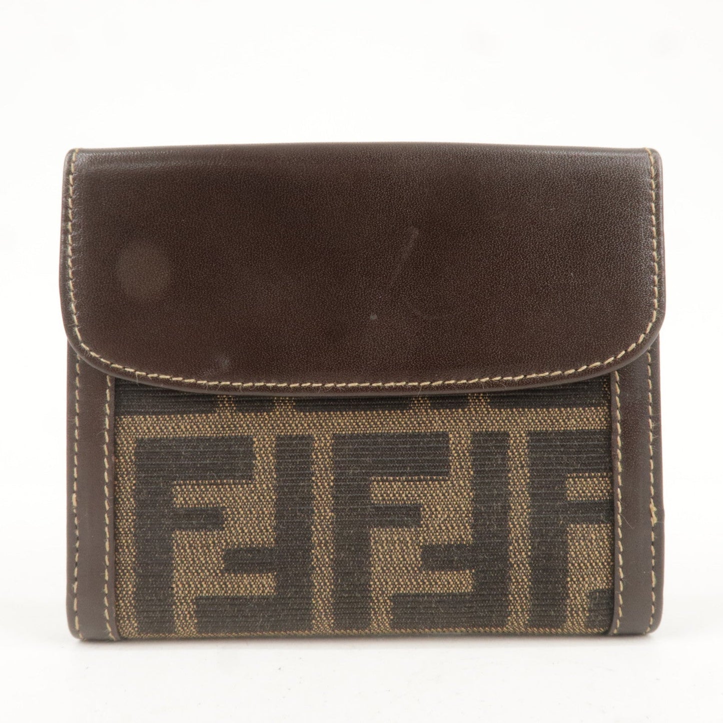 FENDI Zucca Canvas Leather Double Hook Wallet Brown Black 12671