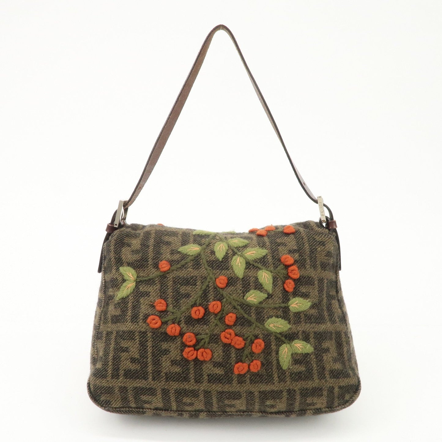 FENDI Mamma Baguette Wool Leather Shoulder Bag Tree Motif Khaki  d
