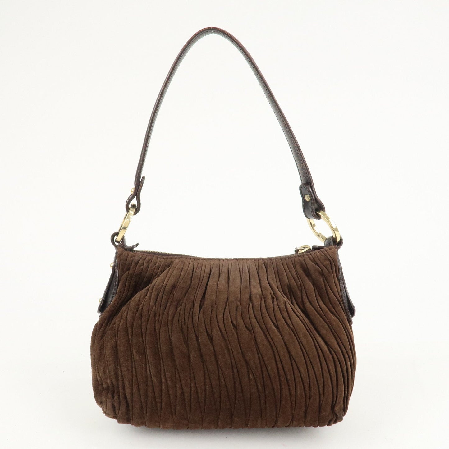 FENDI Suede Leather Gathered Shoulder Bag Dark Brown 8BR454  d