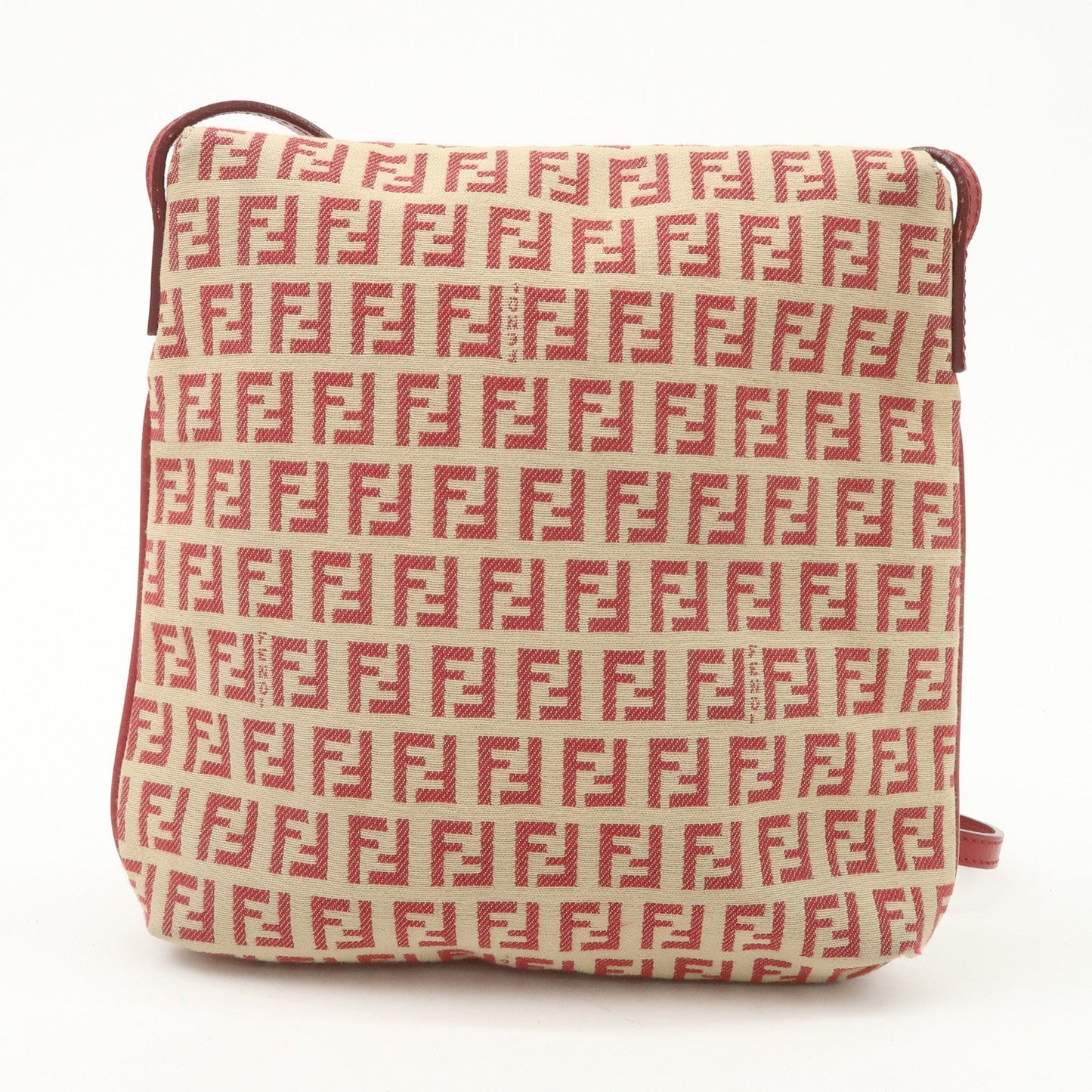 FENDI Zucchino Canvas Leather Shoulder Bag Beige Red 8BT075  d