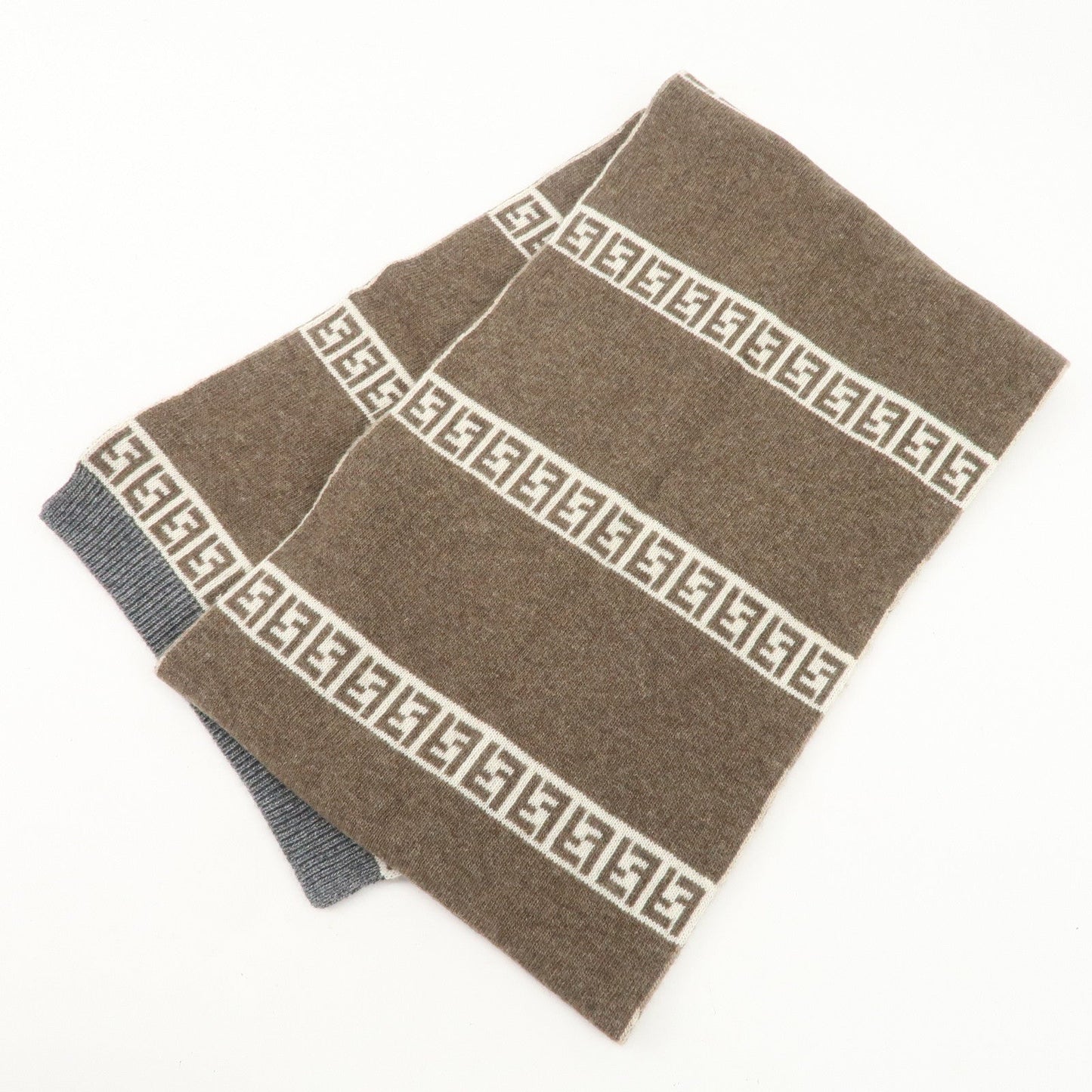 FENDI Logo Zucca Wool Viscose Nylon Cashimere Scarf Beige Brown  d