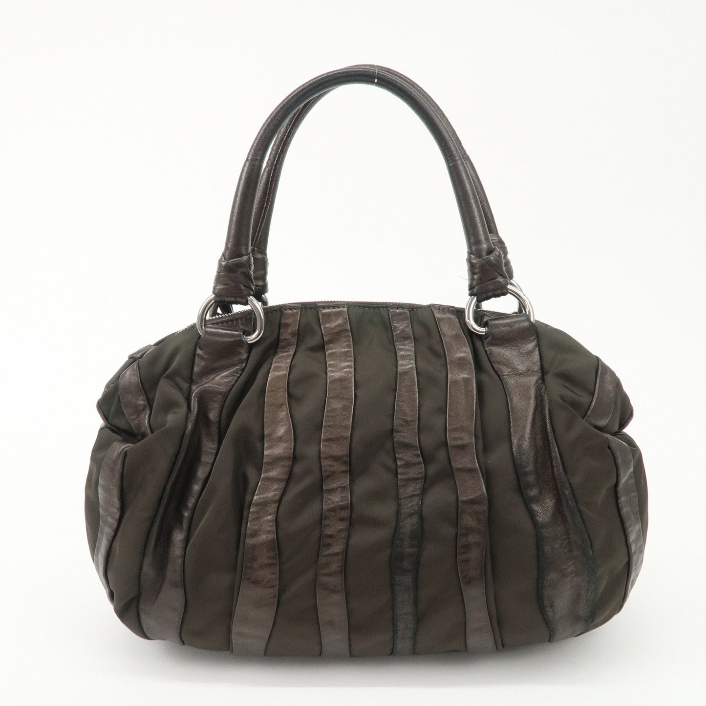 PRADA Logo Nylon Leather Stripe Tote Bag Hand Bag Brown BL0538  d
