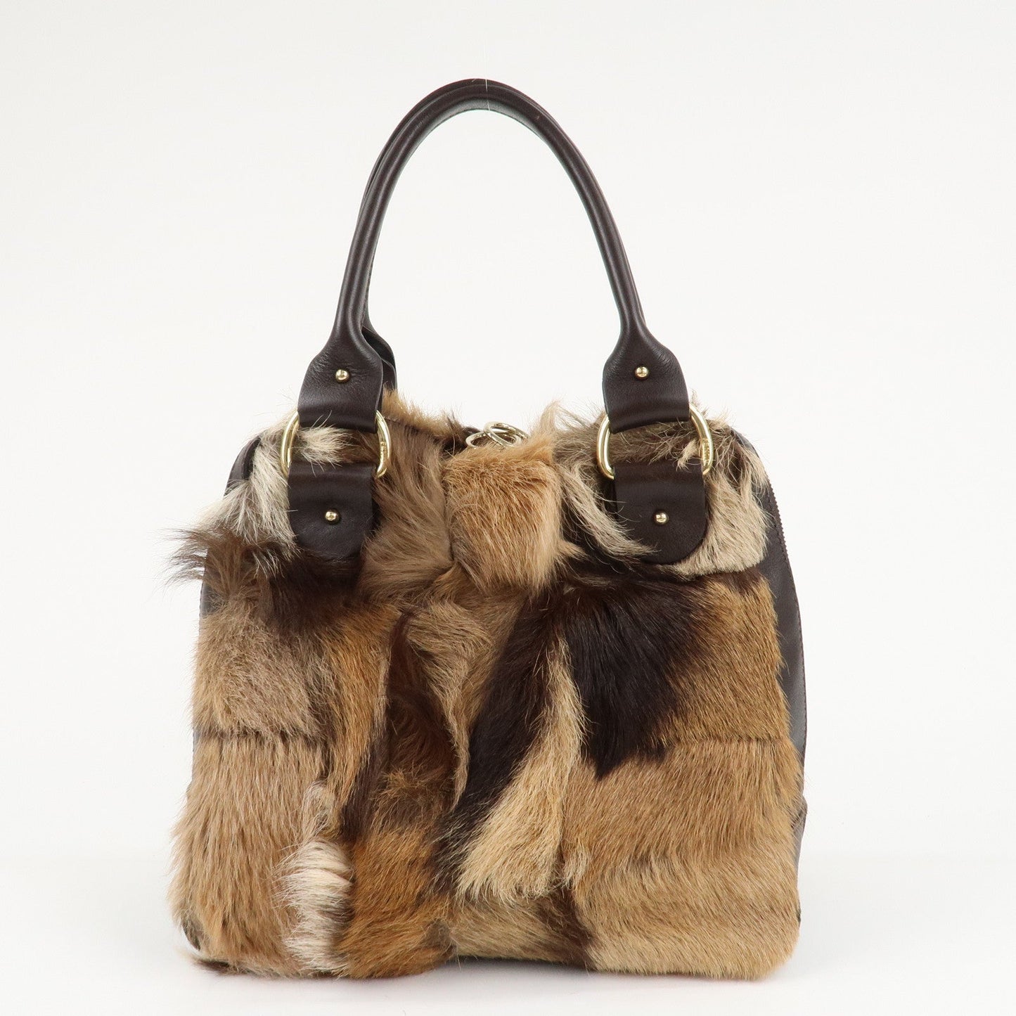 FENDI Fur Leather Tote Bag Hand Bag Shoulder Bag Brown 8BR286  d