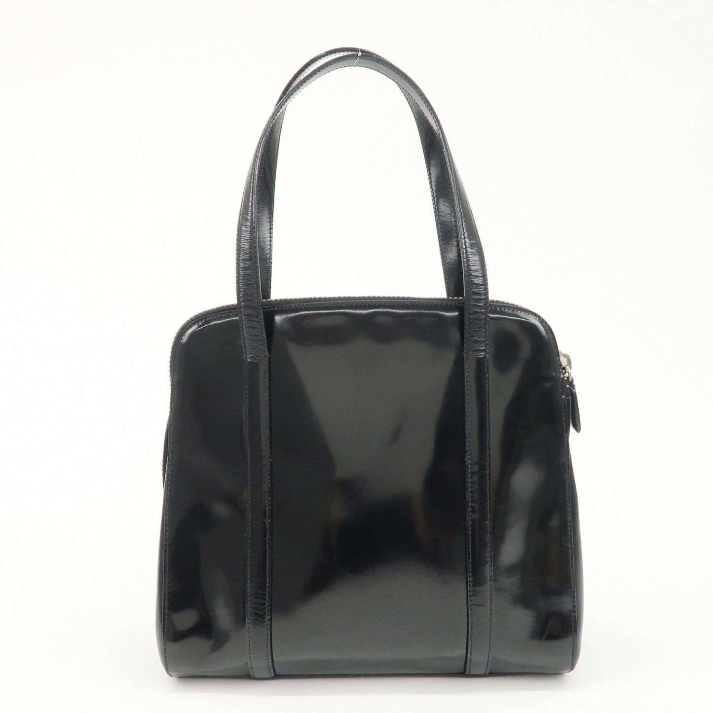 PRADA Patent Leather Tote Bag Hand Bag Black Silver HDW  d
