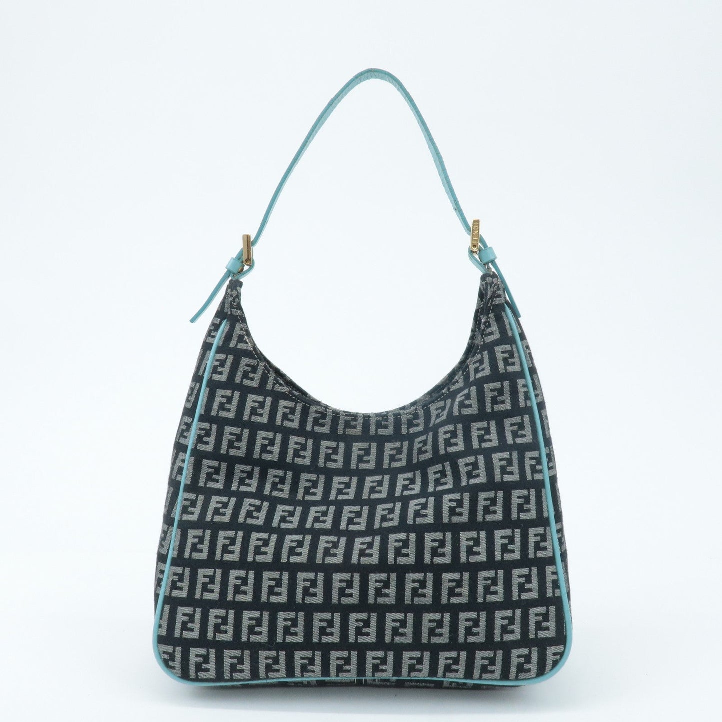 FENDI Zucchino Canvas Leather Shoulder Bag Black White Blue 8BR158  d