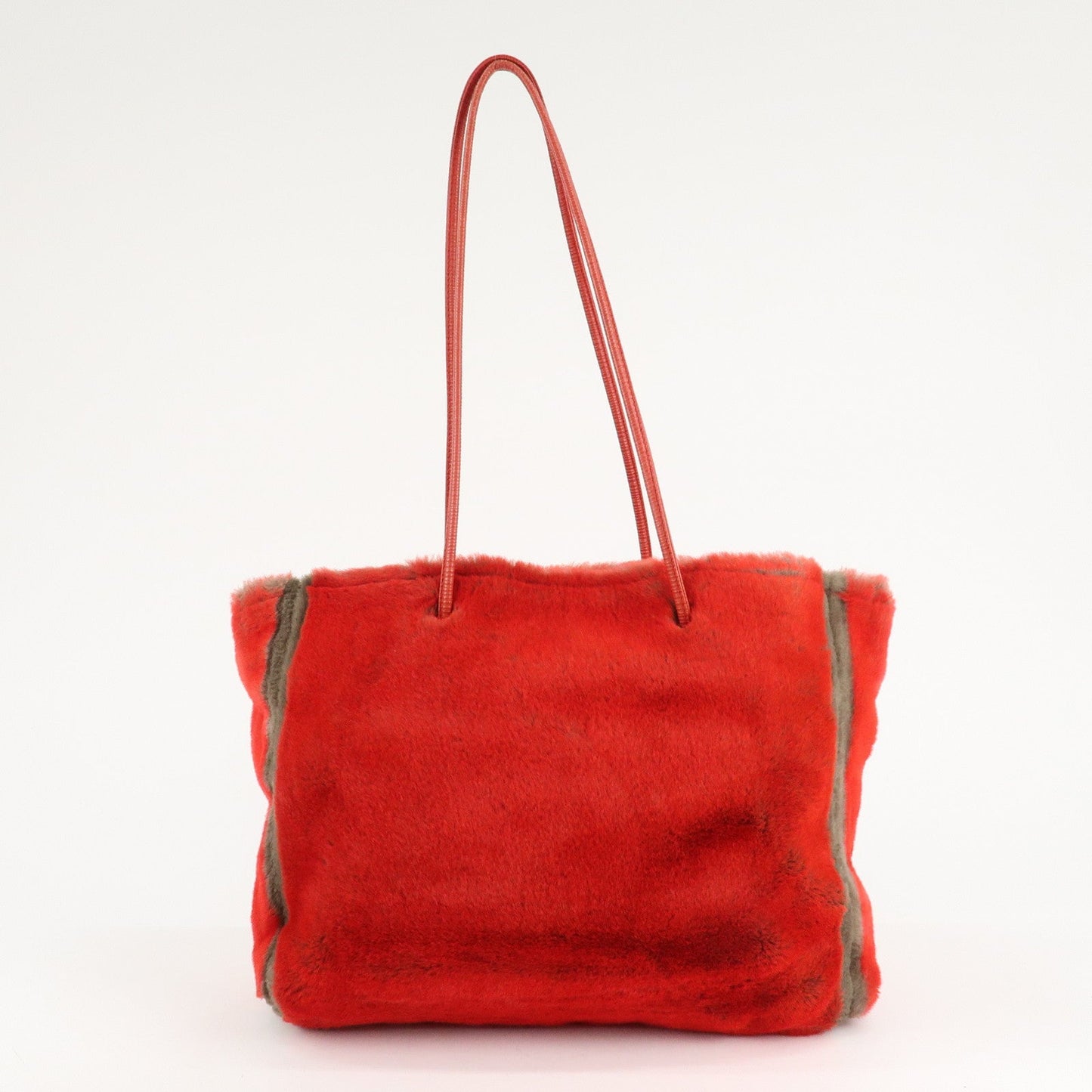 FENDI Leather Fake Fur Shoulder Bag Tote Bag Red  d