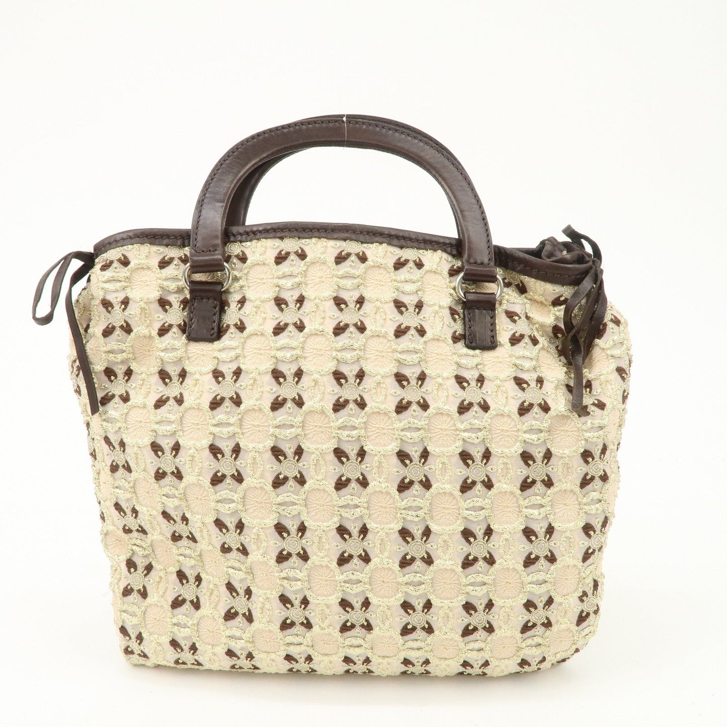 PRADA Tweed Flower Embroidery Tote Bag Beige Gold Dark Brown  d