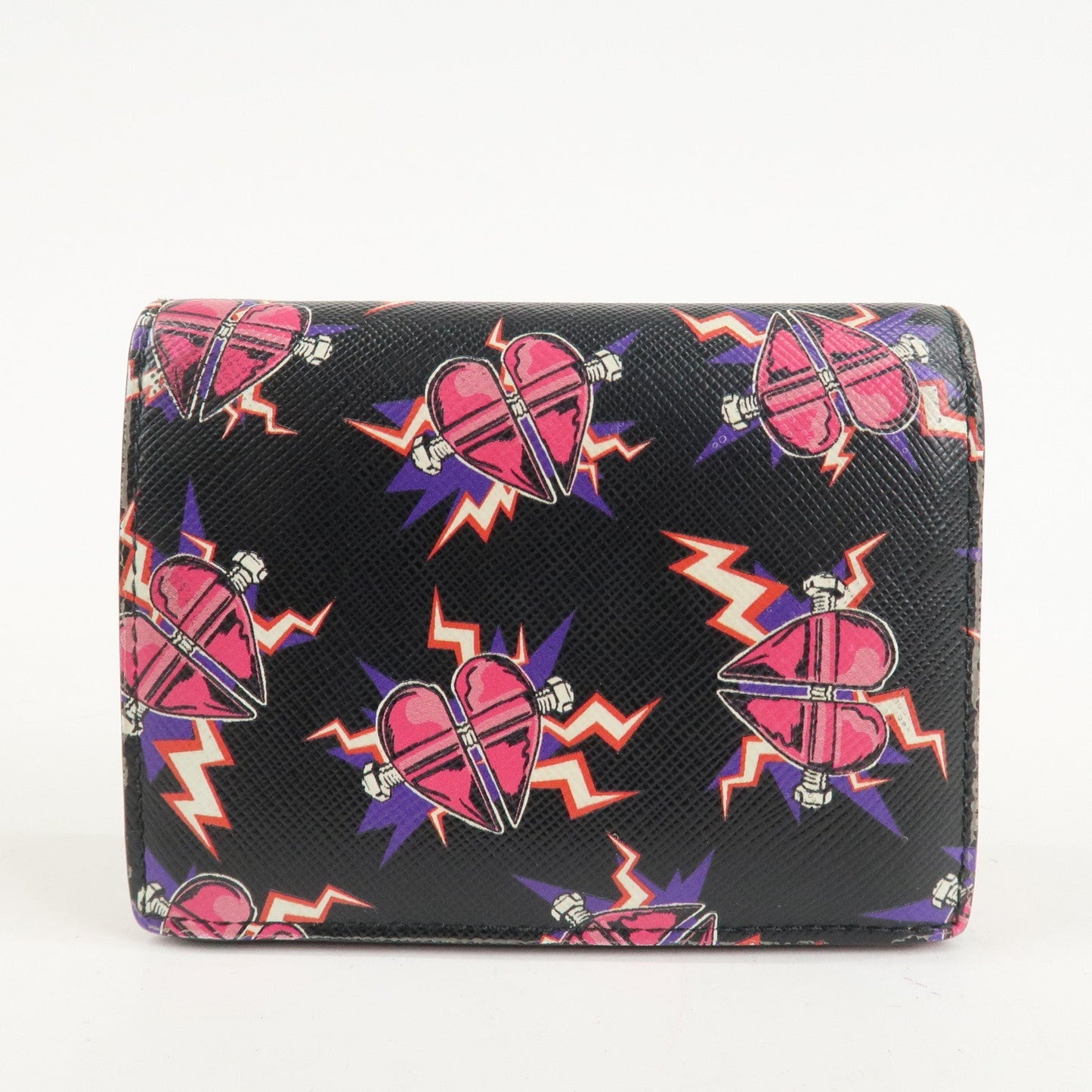 PRADA Logo Saffiano Leather Heart Print Bi-fold Wallet 1MV204  d