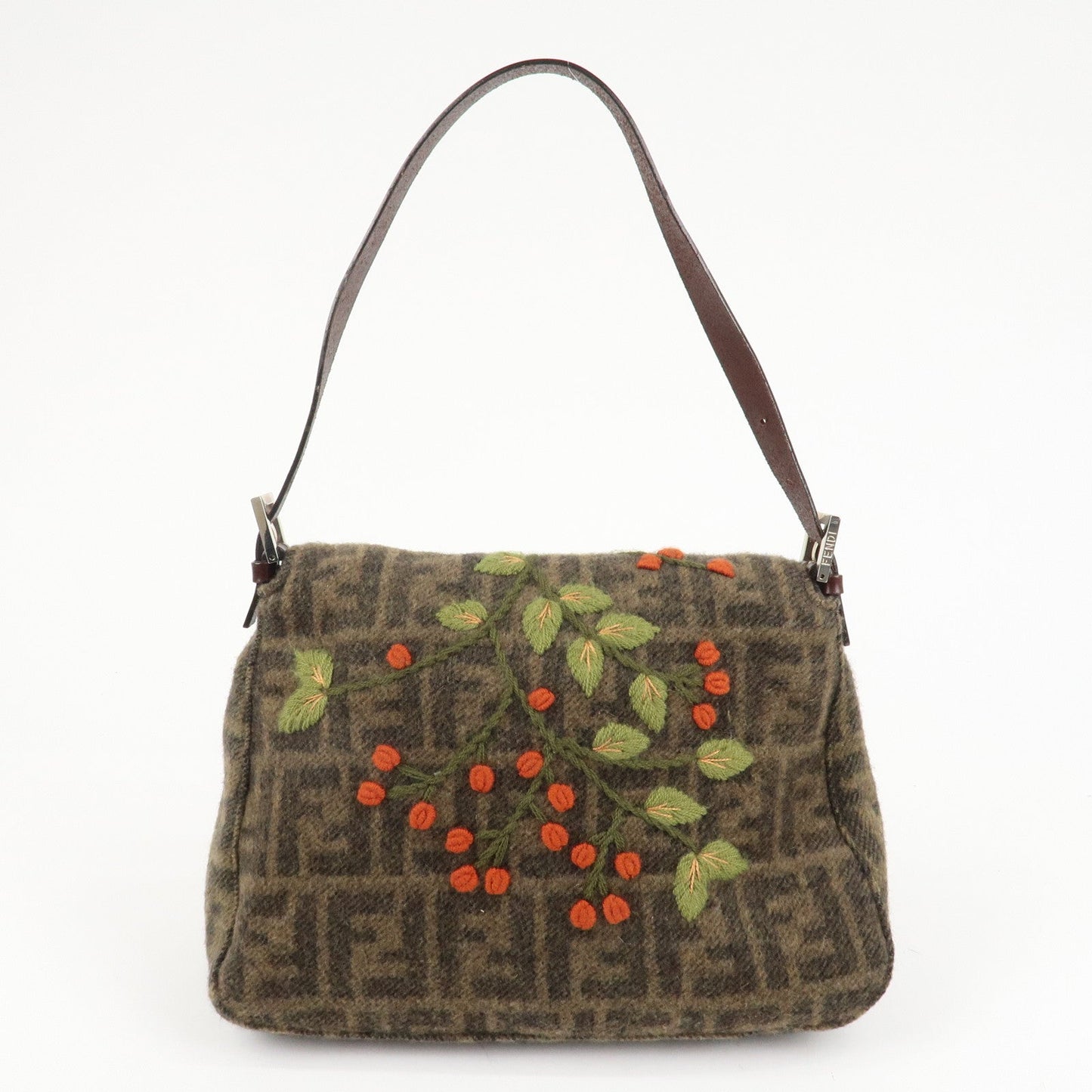 FENDI Mamma Baguette Zucca Wool Leather Shoulder Bag Flower  d