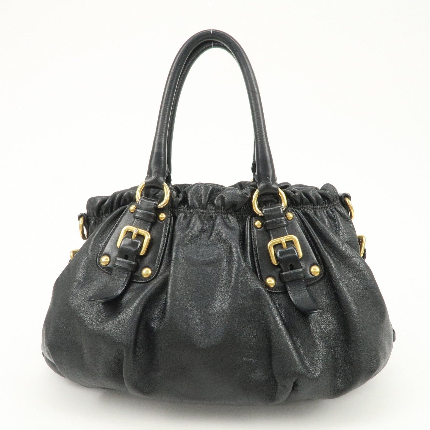 PRADA Logo Leather Gathered Hand Bag Black Gold HDW BR4259  d