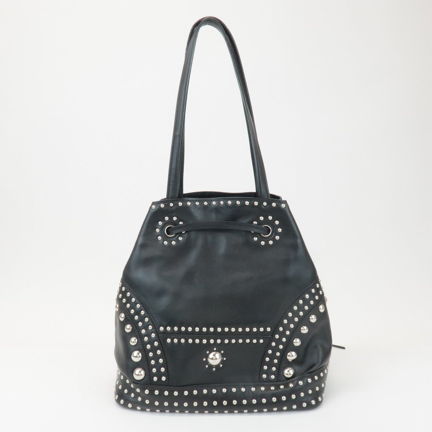 PRADA Calf Leather Drawstring Shoulder Bag Studs Tassel B5061M  d