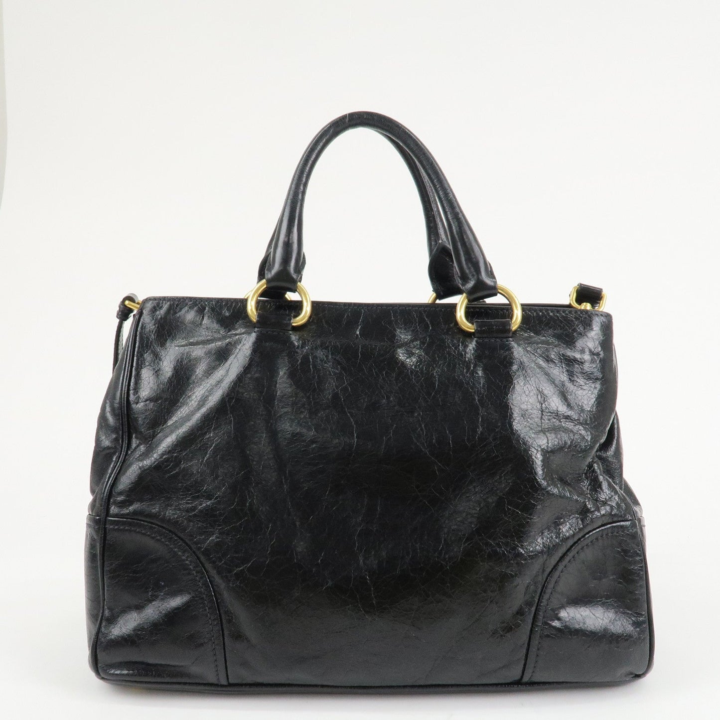 PRADA Leather 2way Bag Hand Bag Shoulder Bag Black Gold HDW  d