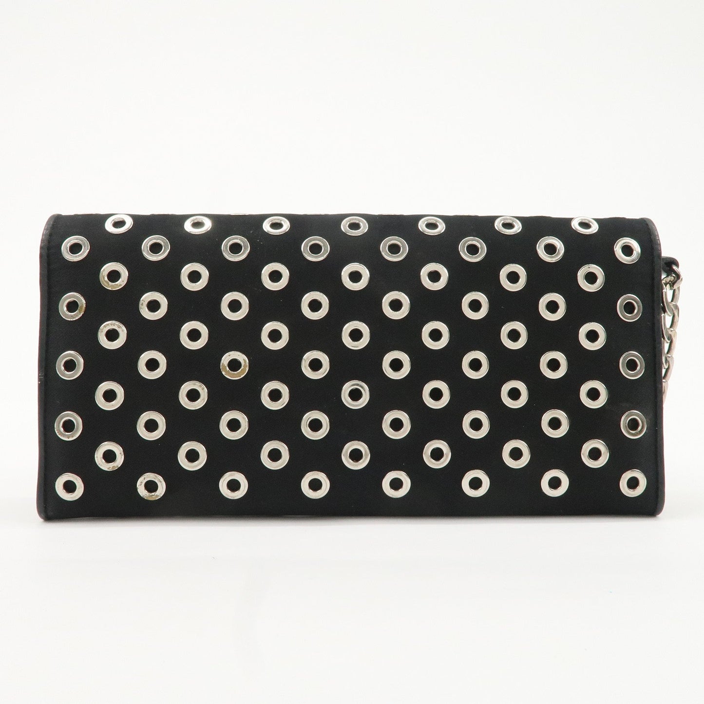 PRADA Grommet Nylon Leather Chain Long Wallet Black Silver HDW  d