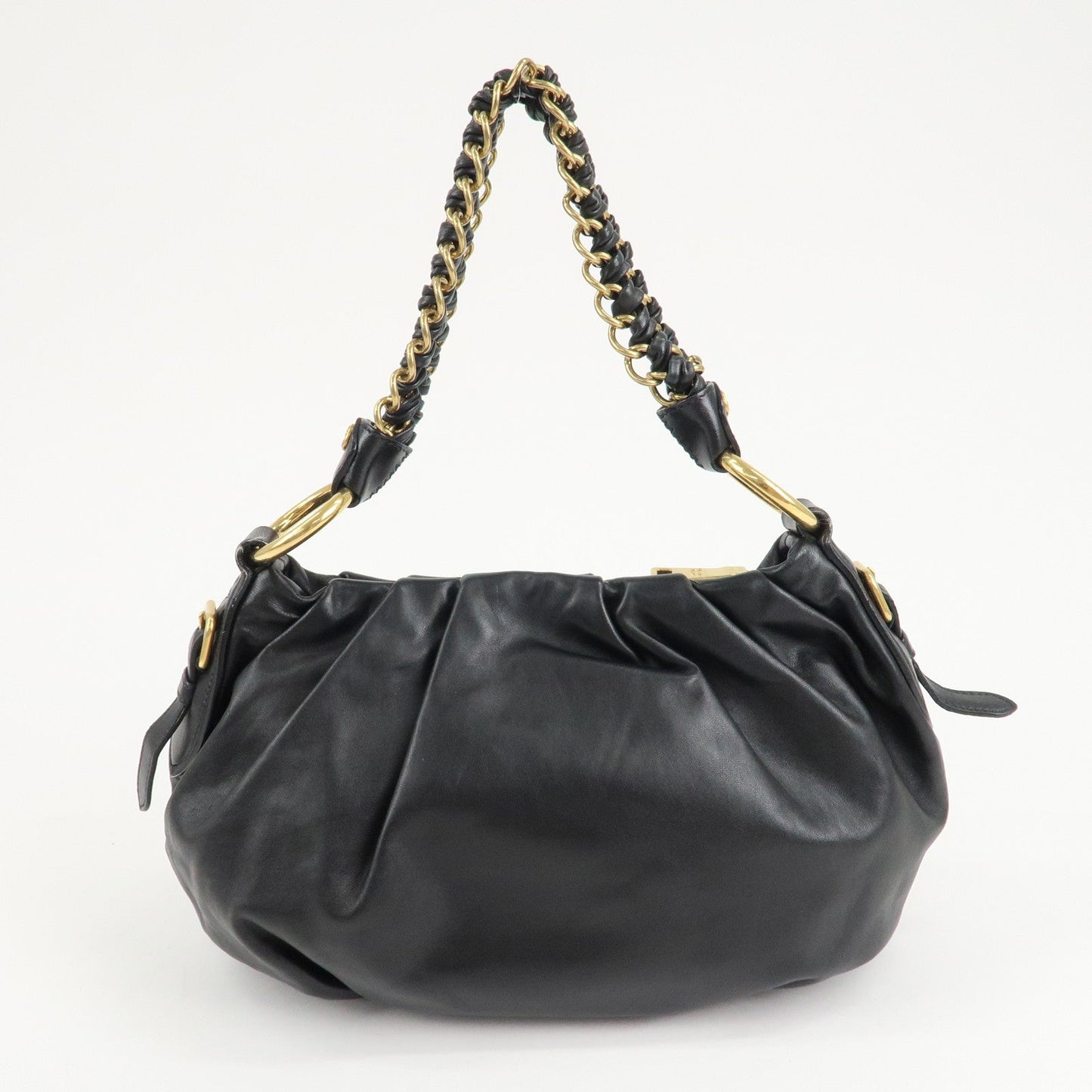 PRADA Leather Chain One-Shoulder Bag Black Gold Hardware  d