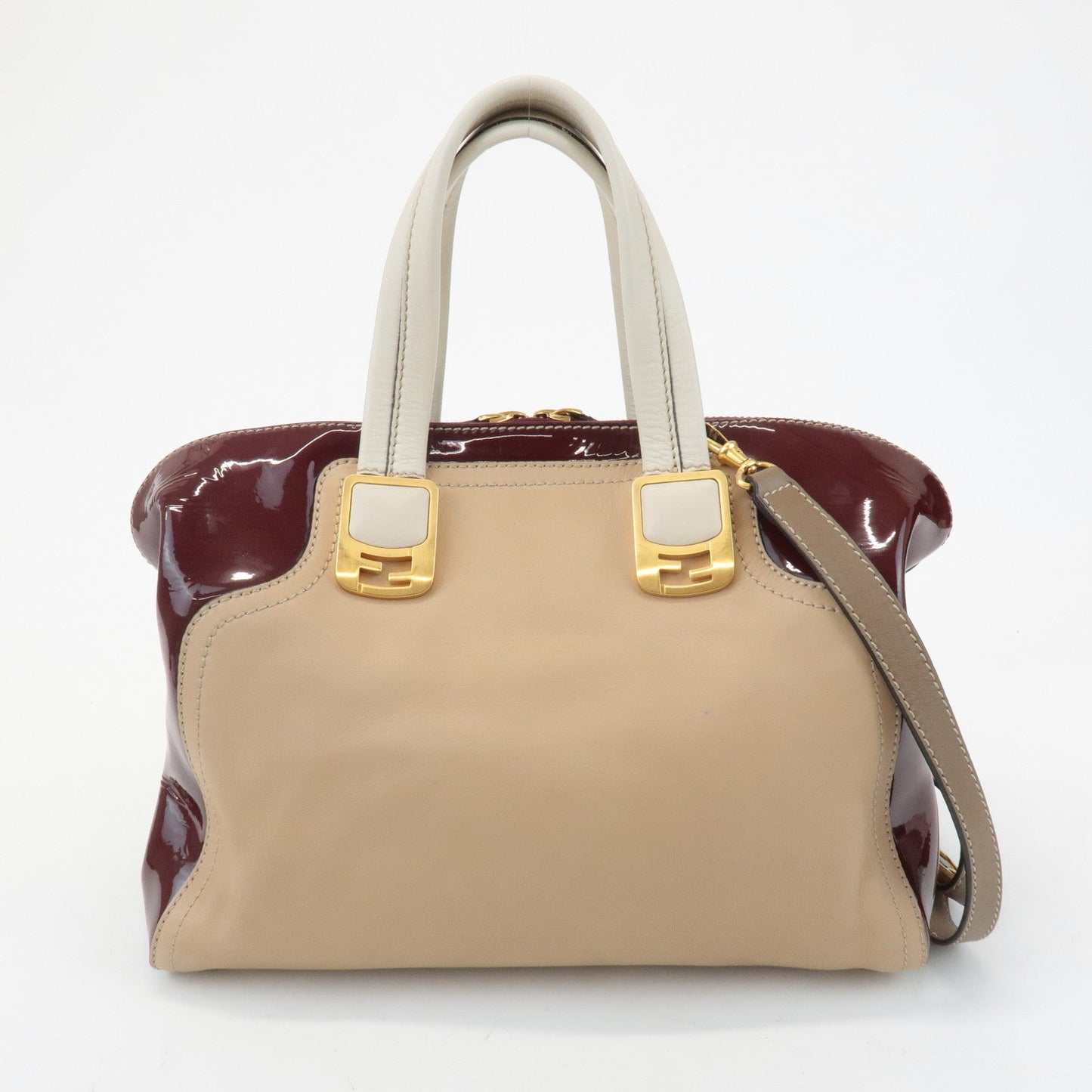 FENDI Chameleon Leather 2WAY Bag Hand Bag Beige Bordeaux 8BL114  d