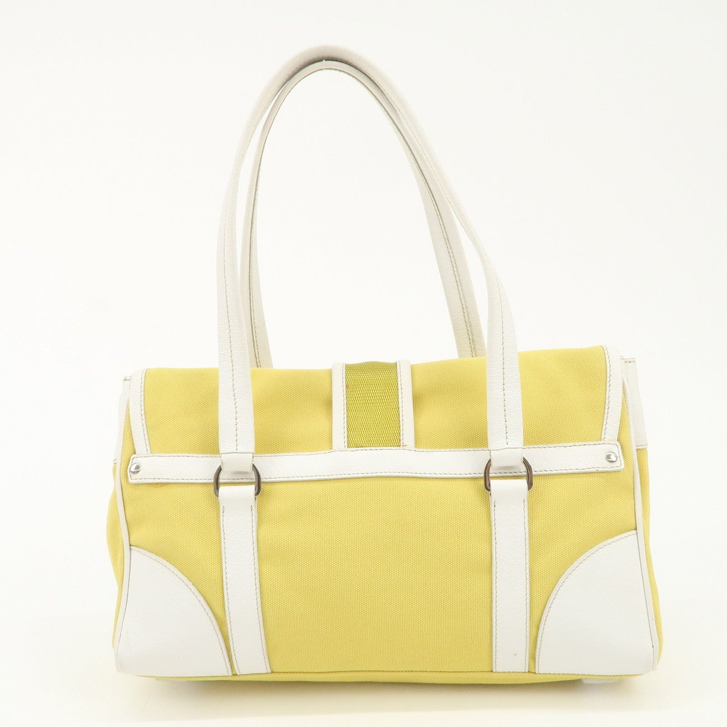 PRADA Triangle Logo Canvas Leather Shoulder Bag Yellow Silver HDW  d