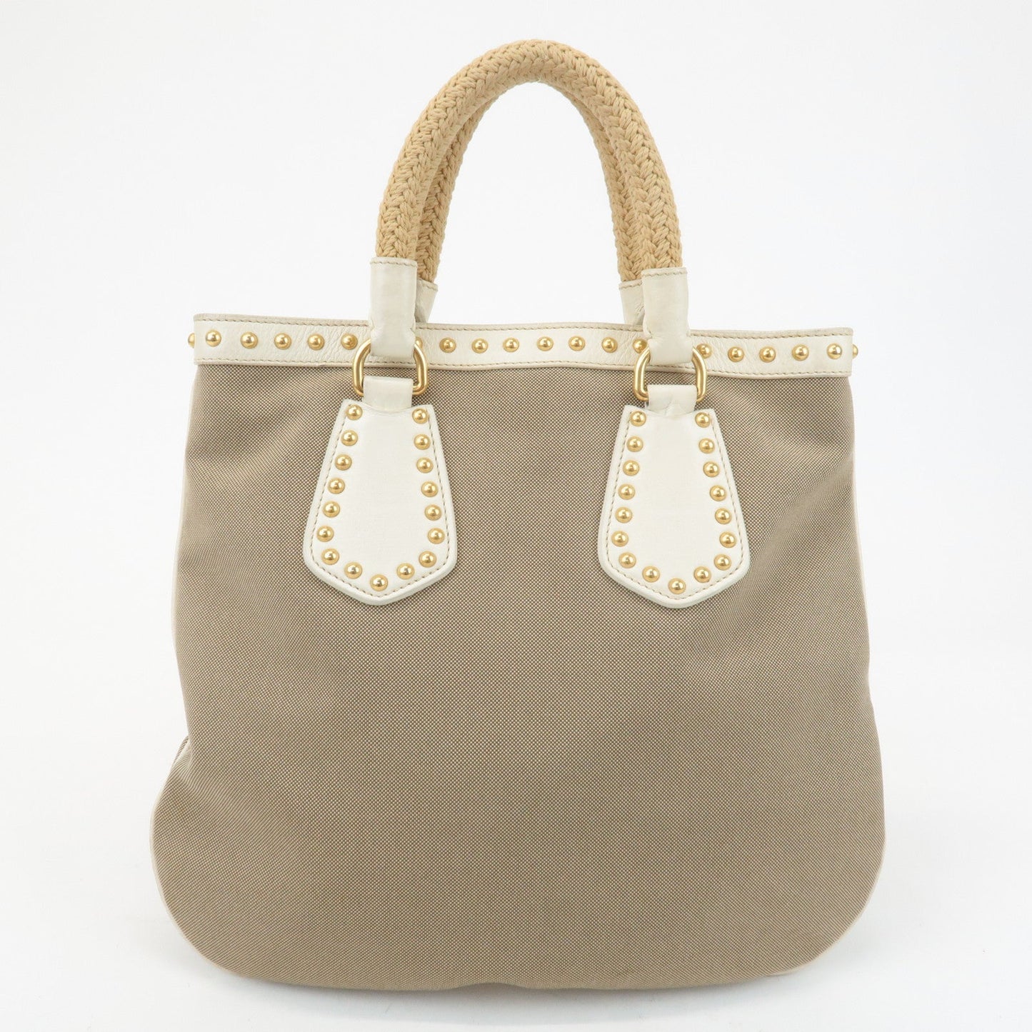 PRADA Canvas Leather 2WAY Logo Studs Hand Bag Beige BN1450  d