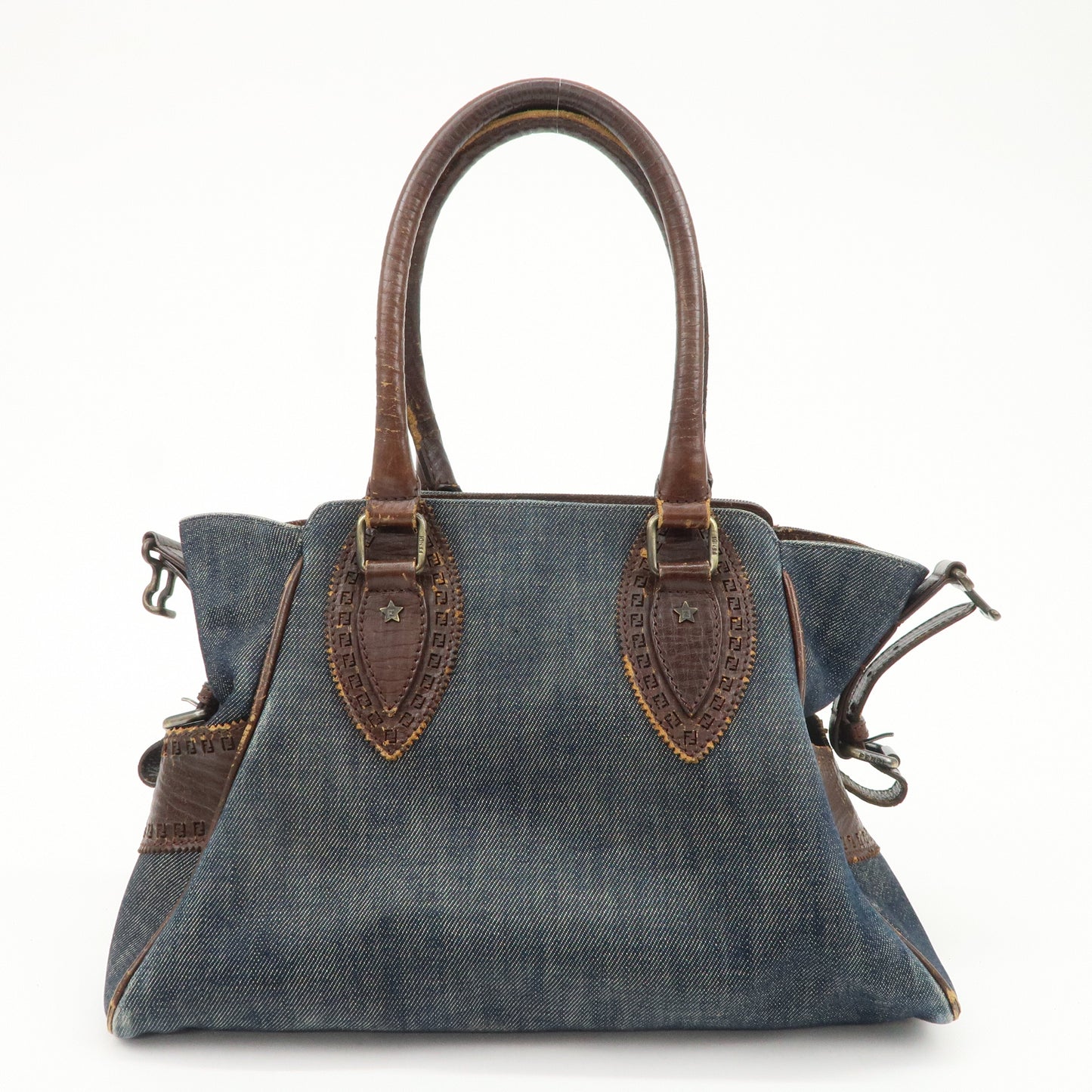 FENDI Ethnico Denim Leather Shoulder Bag Blue Brown 8BN157  d