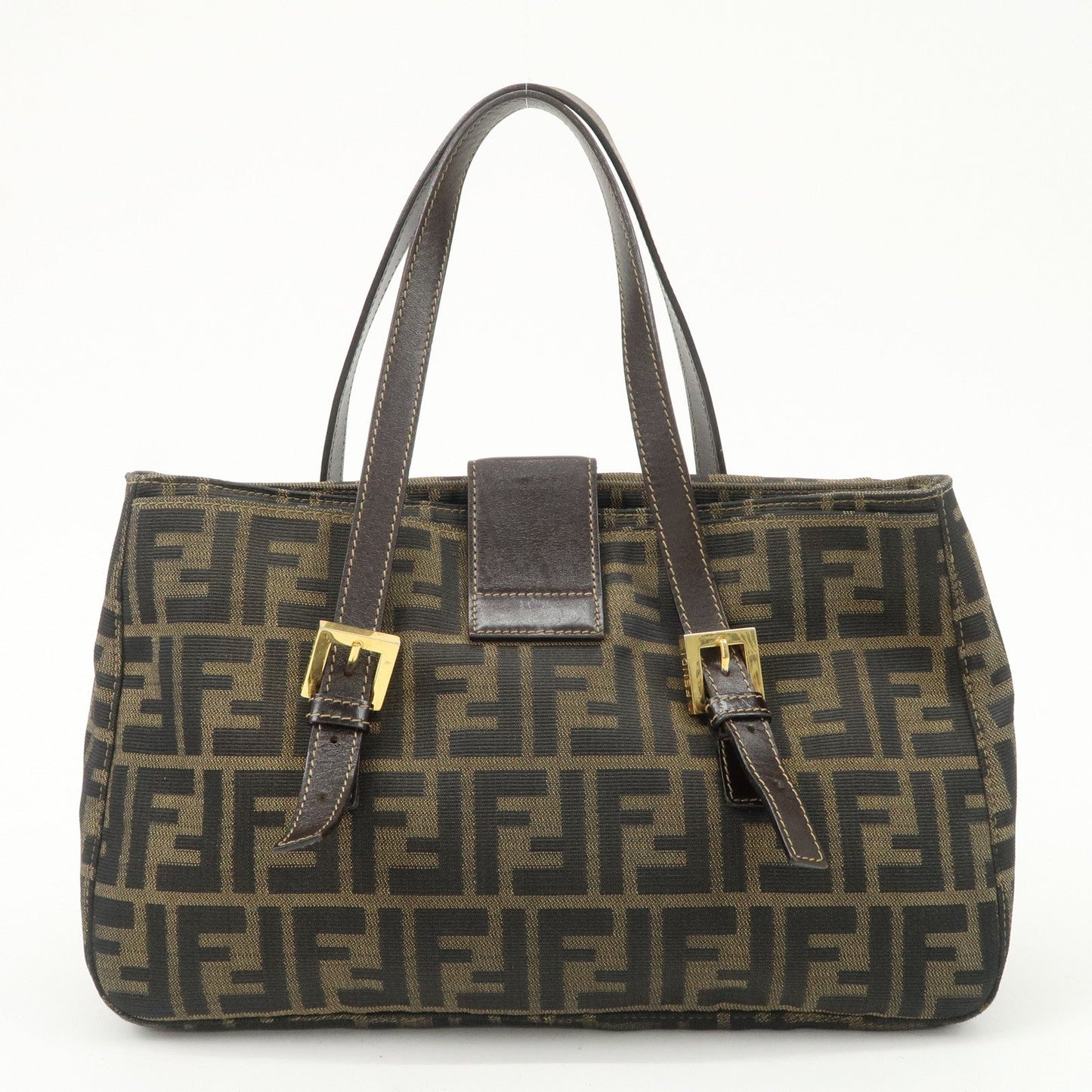 FENDI Zucca Canvas Leather Hand Bag Brown Black Gold Hardware  d
