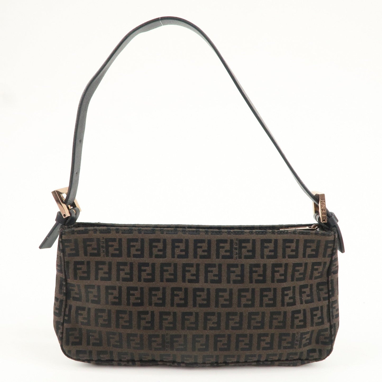 FENDI Zucchino Print Canvas Leather Shoulder Bag Brown 8BR042